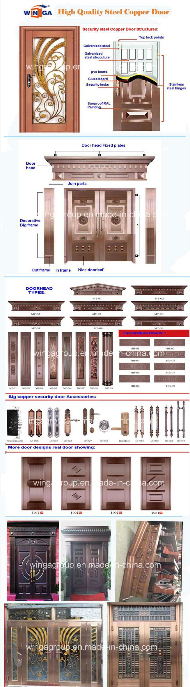 High Quality Security Metal Glass Copper Door (W-GB-15)