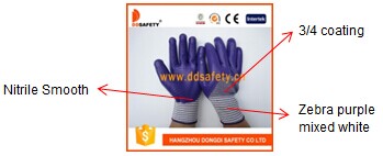 13 Gauge Zebra Purple Mixed White Nylon Liner Purple Nitrile 3/4 Coating Gloves Dnn543