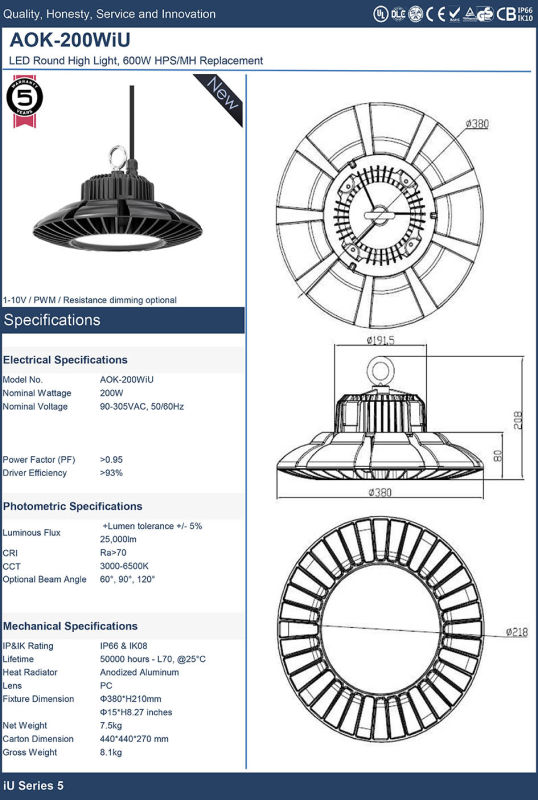 UL cUL Dlc 130lm/W 1-10V Dimming 24000lm Philips Chip LED High Bay Light