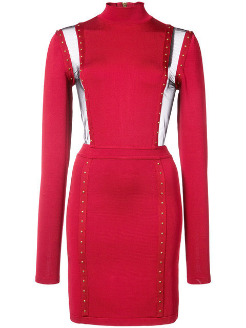 High Standard Red Long Sleeve High Neck Beading Bandage Dress