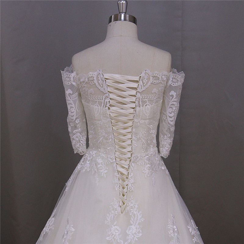 Lace up Back Long Train Wedding Dress