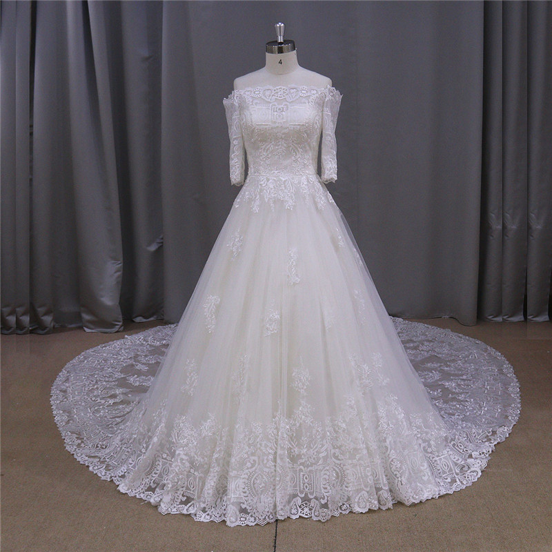 Lace up Back Long Train Wedding Dress