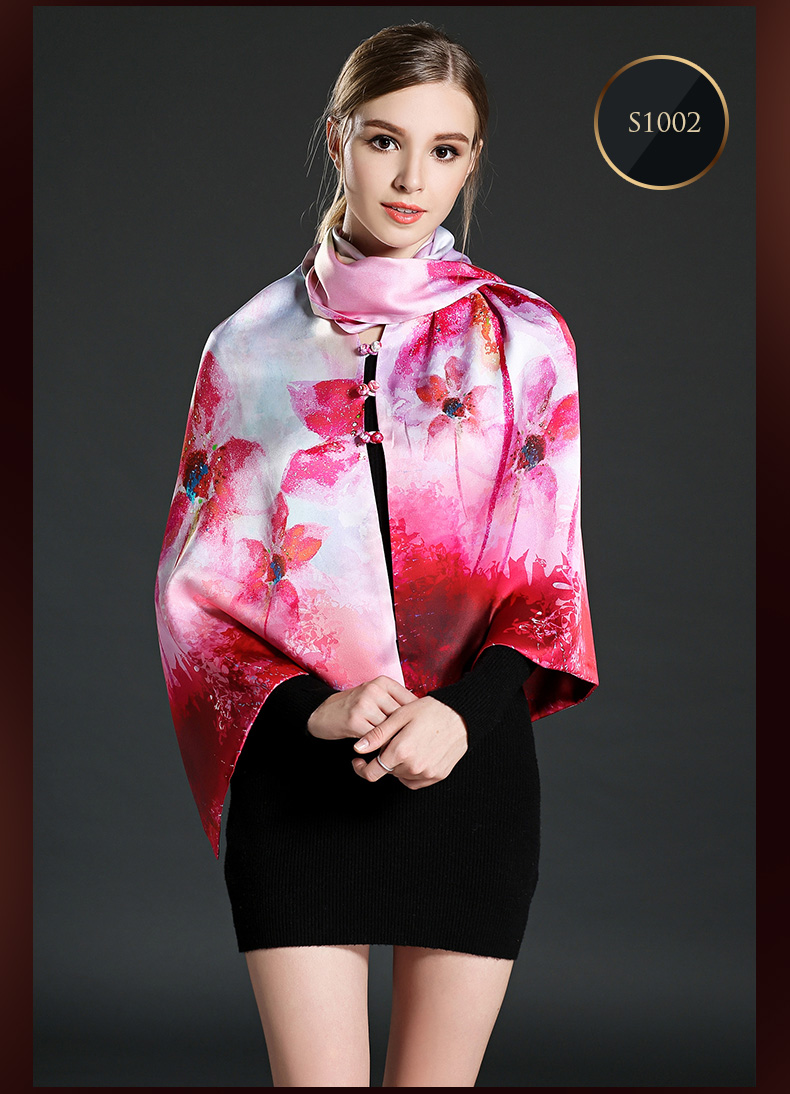 Double-Sided High Quality Long Silk Scarves with Button