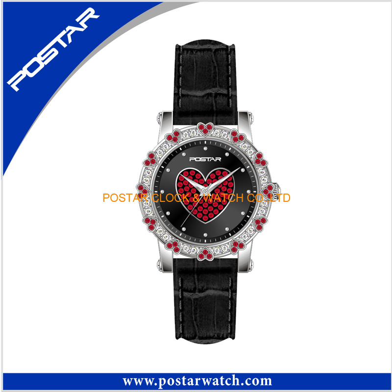 Leather Band Heart Decoration Dial Analog Watch for Ladies