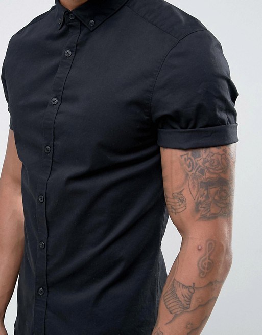 Slim Fit Poplin Shirt with Short Sleeves in Black