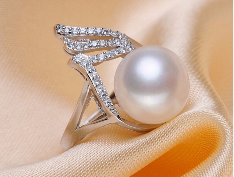 925 Silver Freshwater Pearl Ring Simple Design Pearl Ring AAA 10-11mm Button White Pearl Rings