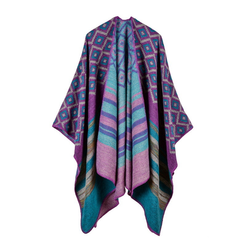 Women's Color Block Open Front Blanket Poncho Geometric Cashmere Cape Thick Warm Stole Throw Poncho Wrap Shawl (SP217)