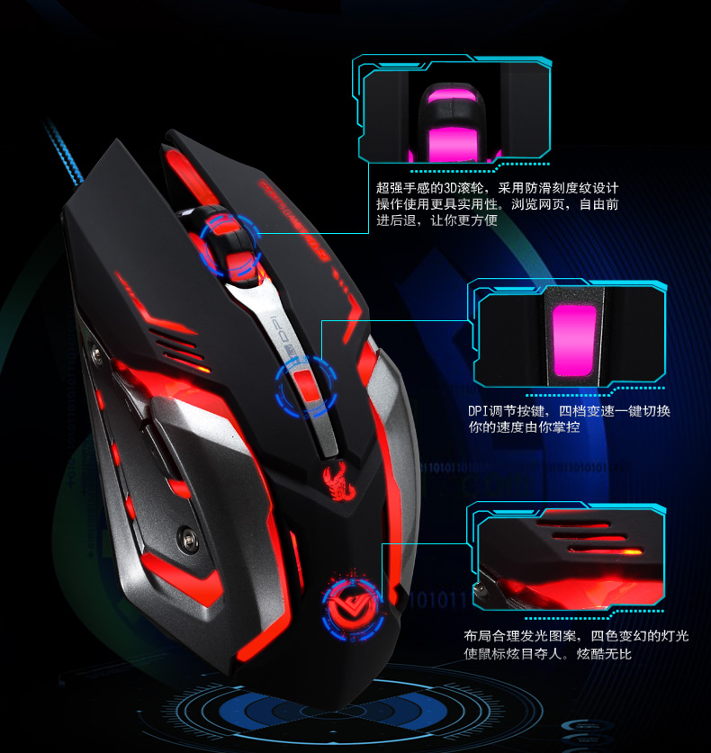 Ce, RoHS Certificate High Precision Colorful LED 6D Wired USB Optical Computer Gaming Mouse (M-73)