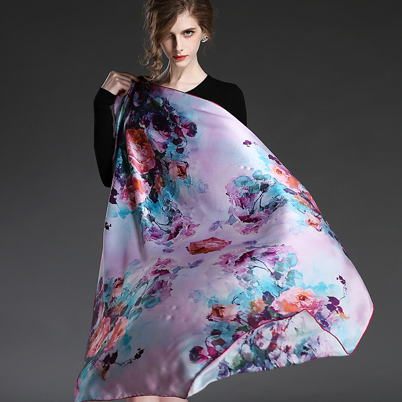 Silk Flower Printed Big Square Scarf