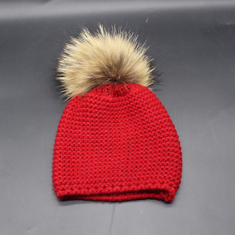 Children Baby Kids Autumn Winter Warm Knitted Real Fur POM POM Caps Beanie Hat (HW627)