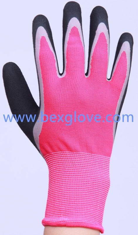 13 Gauge Nylon Liner, Latex Coating, Double Coated, Full Thumb Coating, Sandy Finish Glove