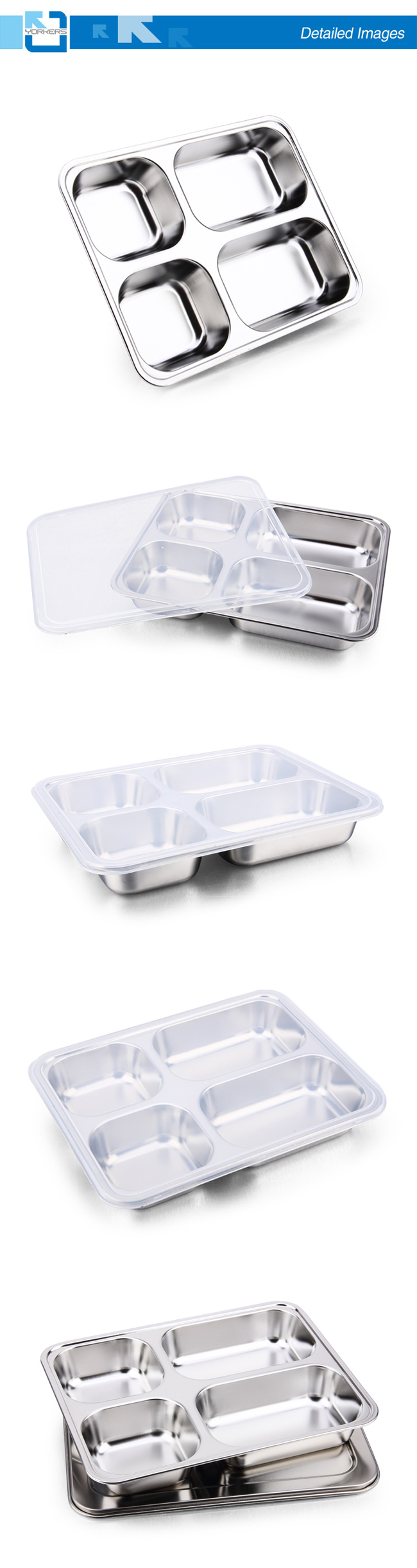 Hot Selling 4 Dividers Stainless Steel School Fast Food Lunch Tray with Lid Food Tray