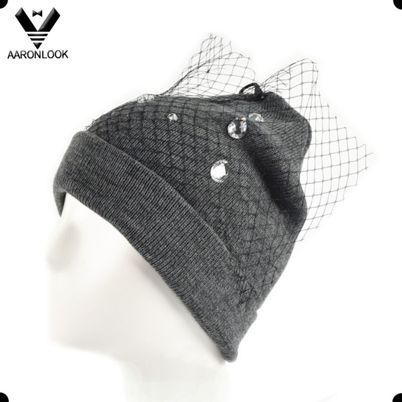 Lady's Fashion Knitted Hat with Veil and Pearl