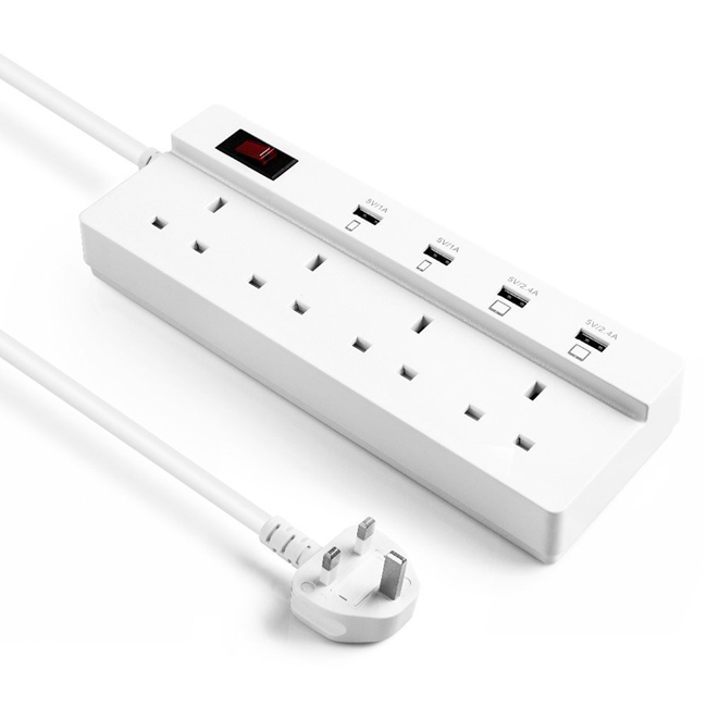 4 Ports Smart USB Power Strip Charger 4 UK AC Outlet Extension Socket Plug