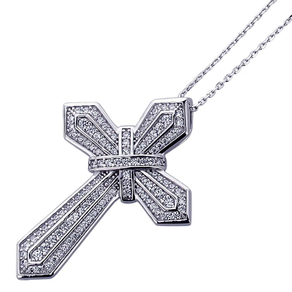 Platinum Plated Sterling Silver Round CZ Set Cross Pendant Necklace