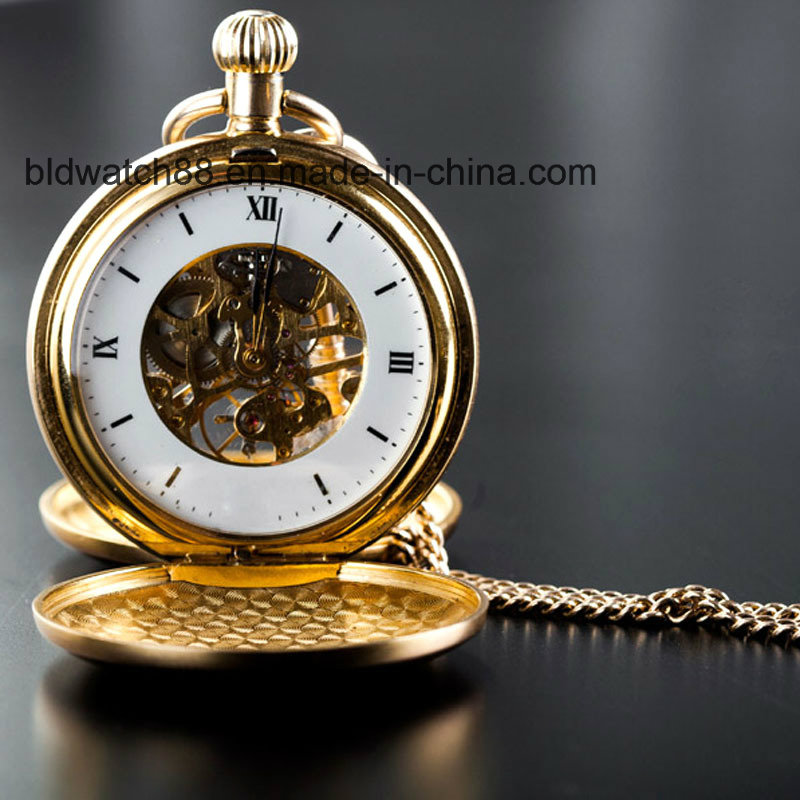 Custom Quality Golden Mechanical Pocket Watch with Chain for Men Women