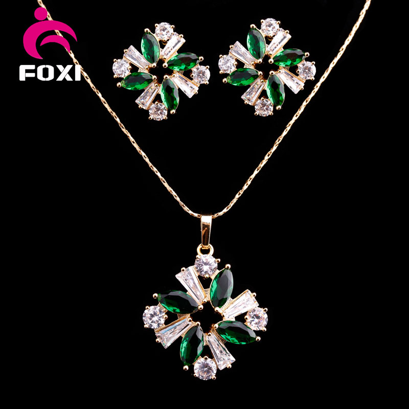 Fashion Brass CZ 18k Gold Necklace and Earrings Jewelry Set