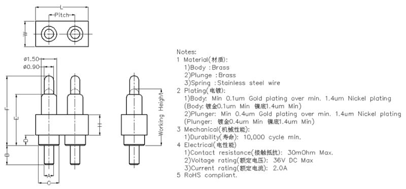 2p Plug-in Pogo Pin Connector for Battery Charging