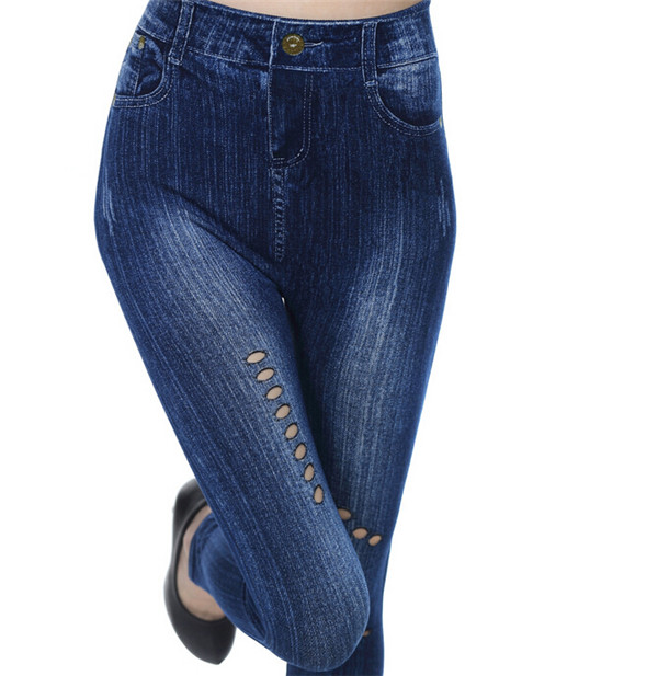 Seamless Cotton Denim Europe and America Hollow Solid Color Leggings