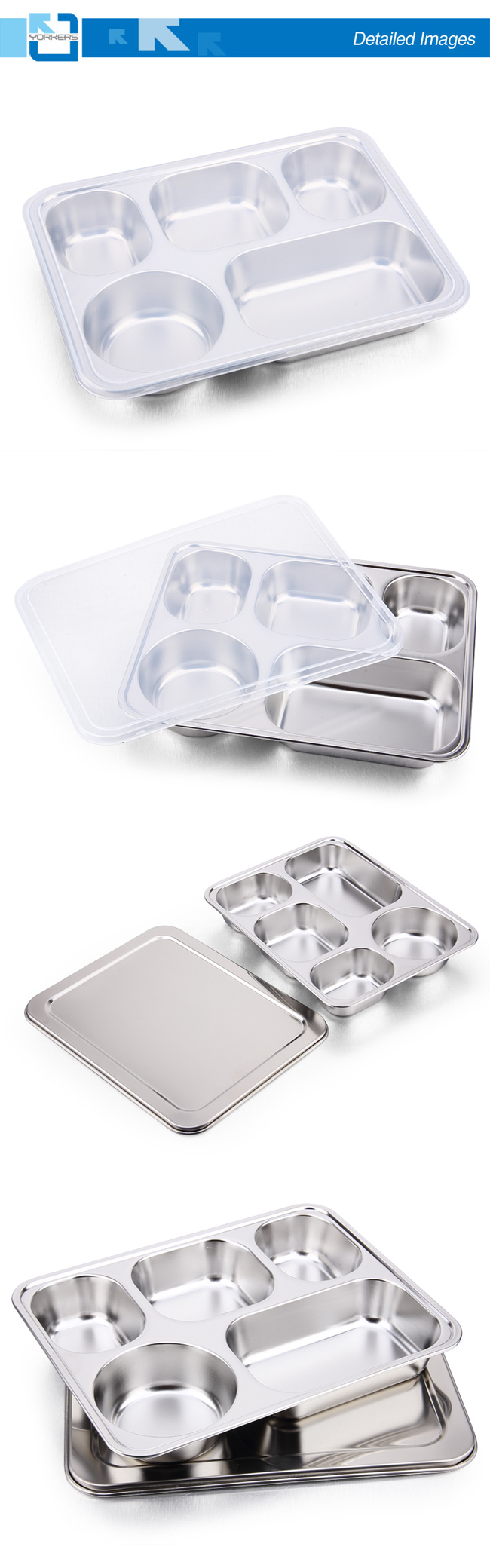 Popular 5 Dividers 304 Stainless Steel Fast Food Tray & Lunchbox with Lid