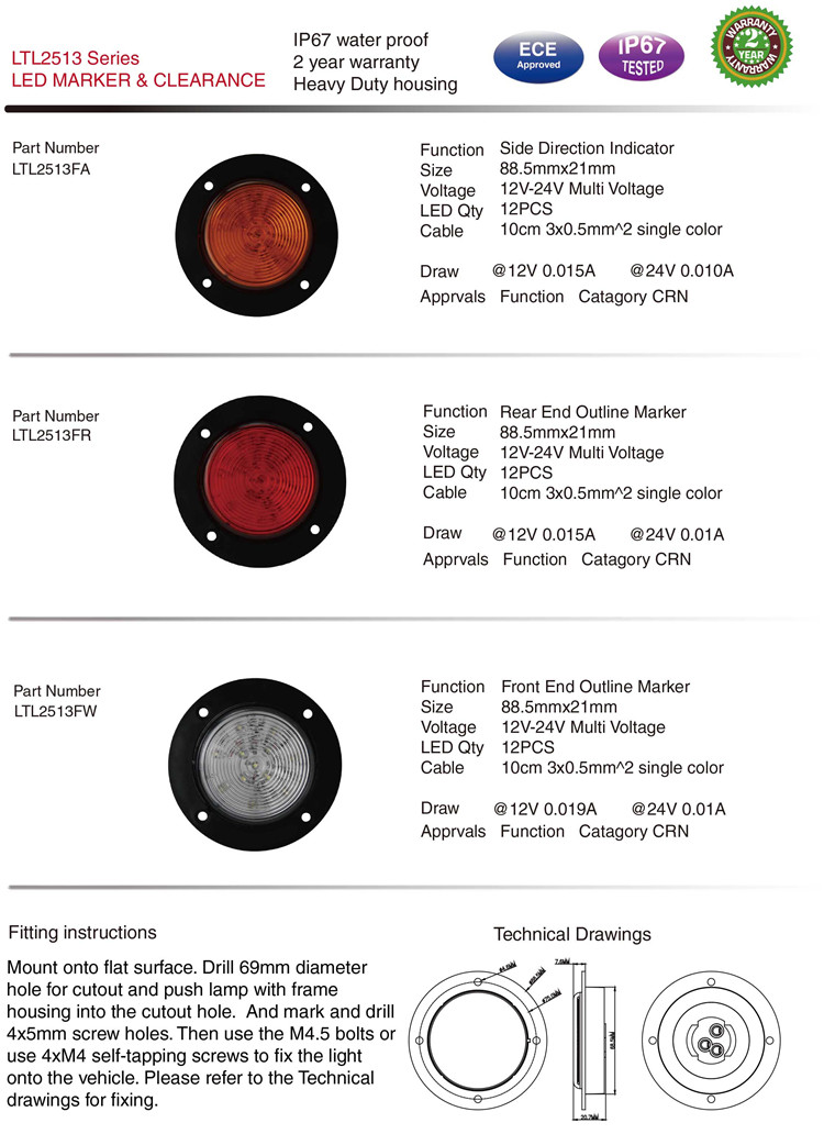 Ltl2513f Series IP67 Waterproof LED Marker Clearance Lights