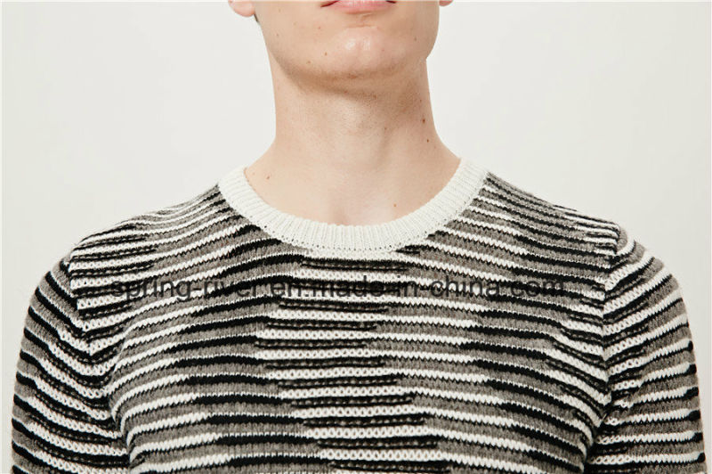 Special Pattern Round Neck Striped Knit Men Sweater