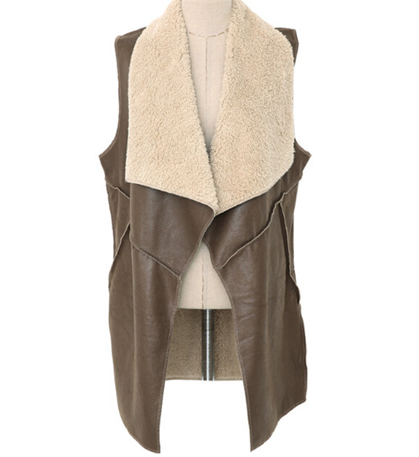 Womens Warm Winter PU Leather+Faux Fur Liner Vest Waistcoat Jacket