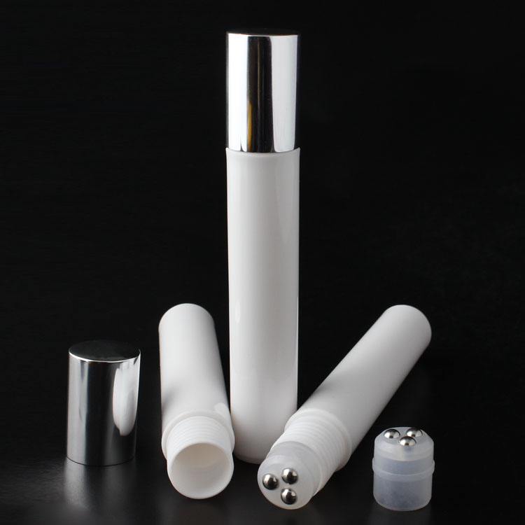 10ml White Plastic Bottle with Steel Roll with Shinny Silver Aluminum Cap for Eye Cream