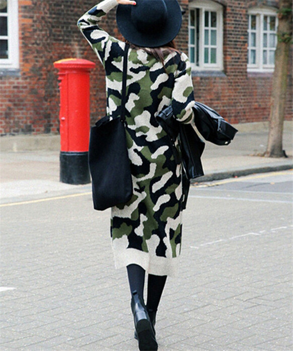 Korean O-Neck Camouflage Sweater Hoodies Knitting Dress