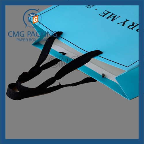 Printed Blue Shopping Bag with Black Printing and Wide Satin Handle (CMG-MAY-041)