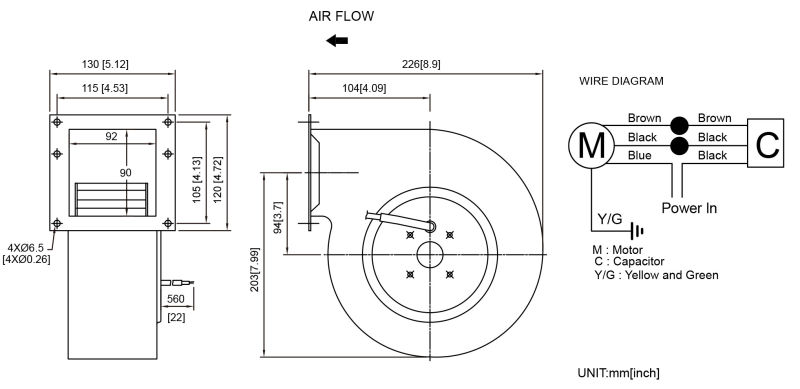 226mm Diameter X 130mm AC Centrifugal Ventilation Fan