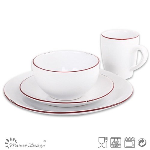 16PCS Dinnerware Set White Glaze with Red Rim Peel Design