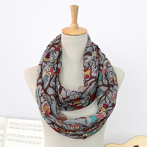 Women's Spring Summer Long Owl Printing Scarf Loop Snood (SW148)