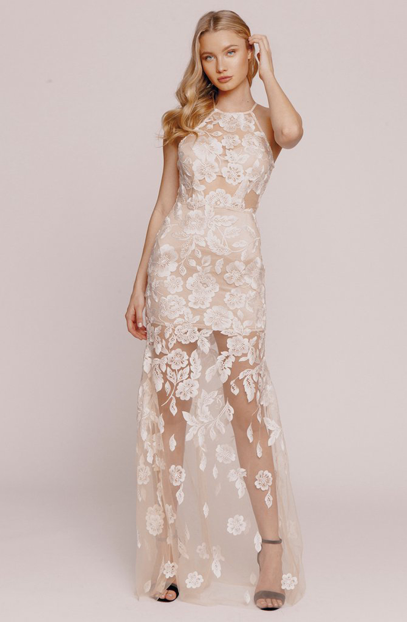 Flower Embroidered Sheer Gown with a Chic Design with a Sophisticated Look This Unique Piece