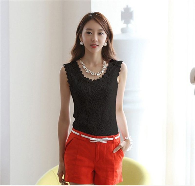 Sleeveless White Black Crochet Casual Shirts Tops