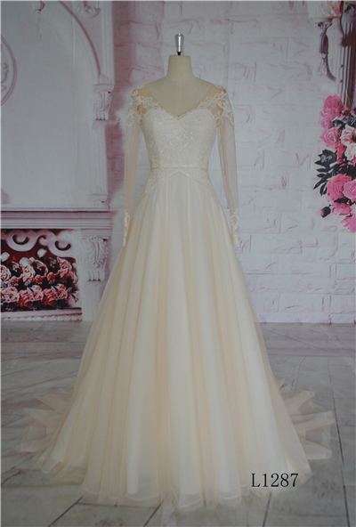 Long Sleeve V-Neck Champagne Low Price Wedding Dress