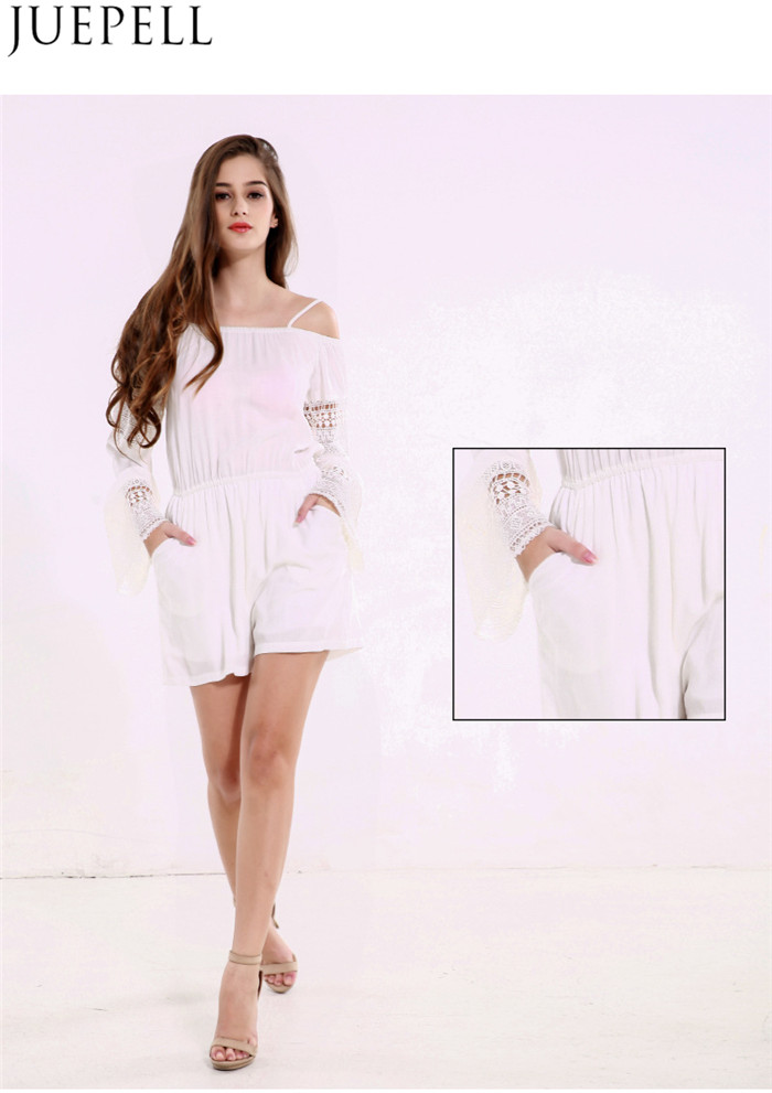 Us Women's Summer Strapless Lace Stitching Straps Hollow White Solid Color Long Sleeve Jumpsuit Piece Shorts