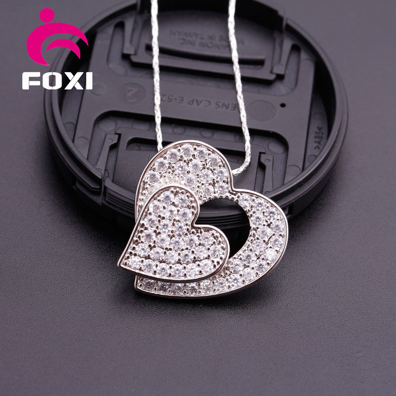 Double Heart Shape White Cubic Zirconia Silver Plated Pendant Necklace