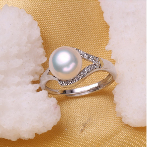 925 Silver Pearl Rings Fashion Pearl Ring Designs 9-10mm AAA Button Pearl Ring Jewelry