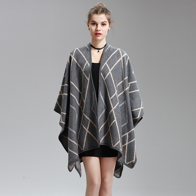 Womens Cashmere Feel Checked Diamond Printing Fancy Cape Stole Poncho Shawl (SP290)