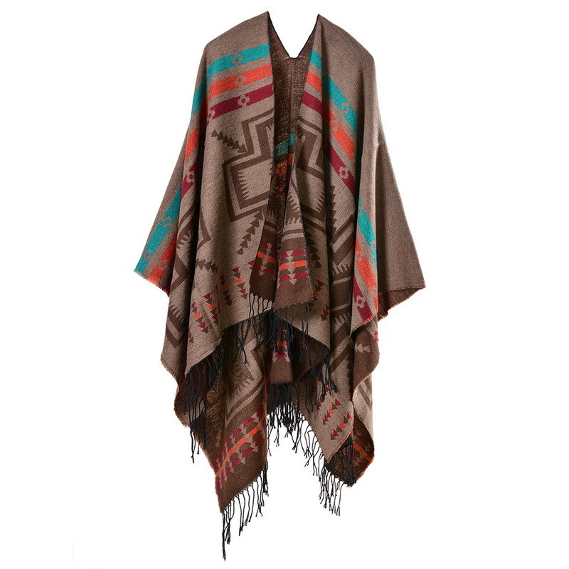 Women's Color Block Open Front Blanket Poncho Bohemian Cashmere Like Cape Thick Warm Stole Throw Poncho Wrap Shawl (SP220)