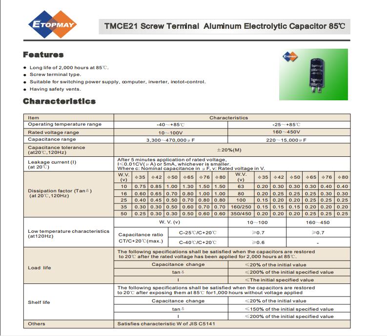 Topmay Featured Screw Terminal Aluminum Electrolytic Capacitor Tmce21----2