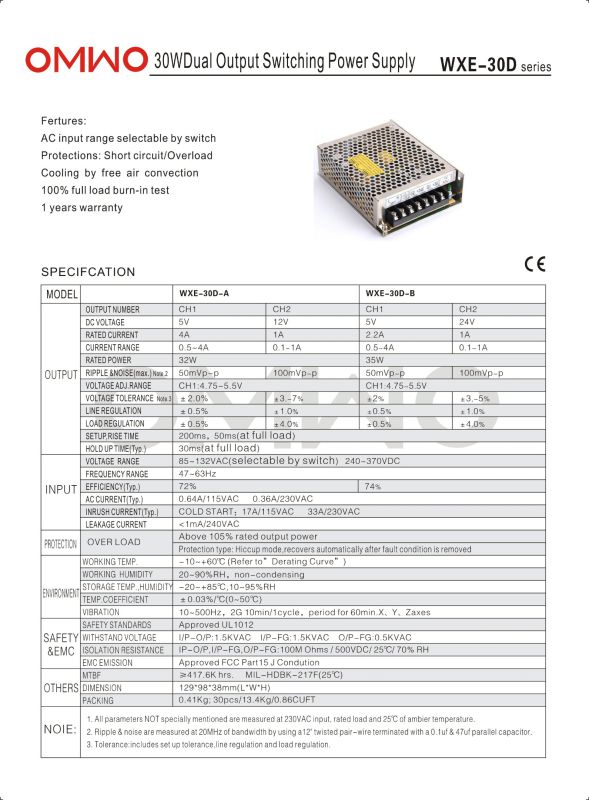 Omwo Wxe-30d-a Dual Output Switching Power Supply