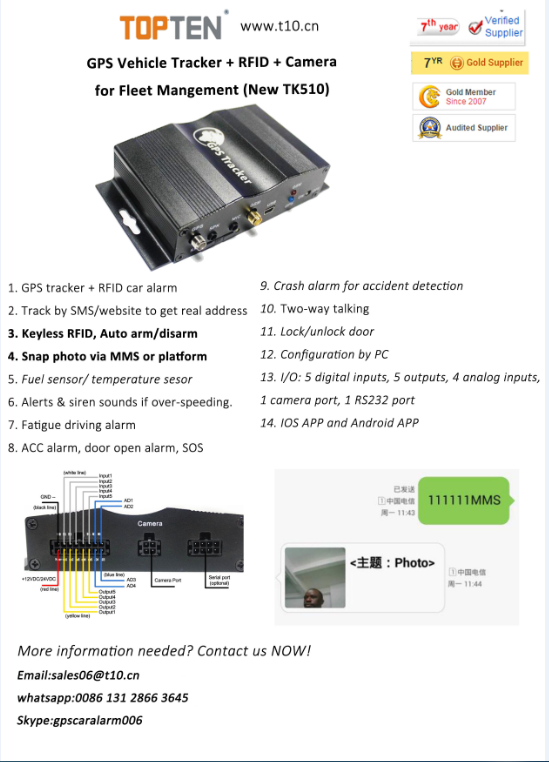 GPS Tracking System with RFID, Fuel Sensor, Camera, Two Way Talking Free (TK510-KW)