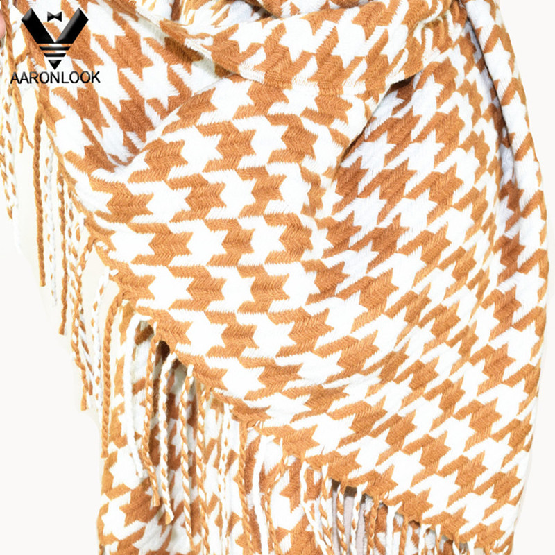 100%Acrylic Two Tone Checked Fashion Houndstooth Scarf with Fringes