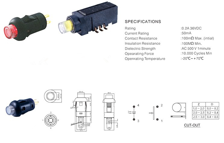 Small Mini Push Button Switch with LED, with Lamp Button Switch Instruments Dedicated Button Switch 7.5 mm with The Light Switch