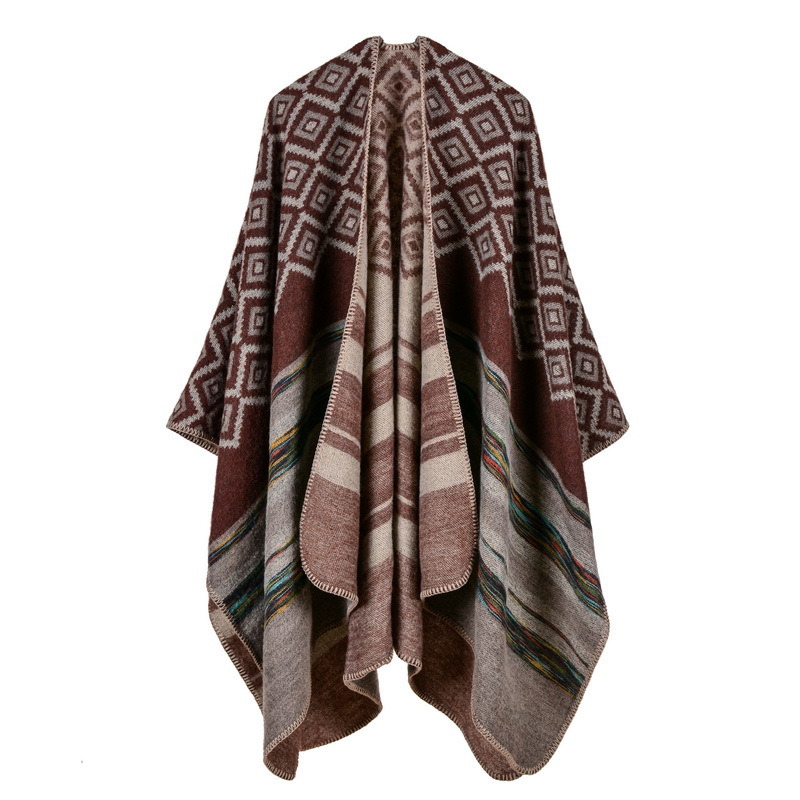 Women's Color Block Open Front Blanket Poncho Geometric Cashmere Cape Thick Warm Stole Throw Poncho Wrap Shawl (SP217)