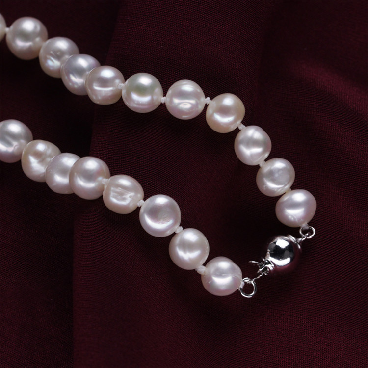 Snh 925 Silver 8mm off Round 47inches Real Freshwater Pearl Set