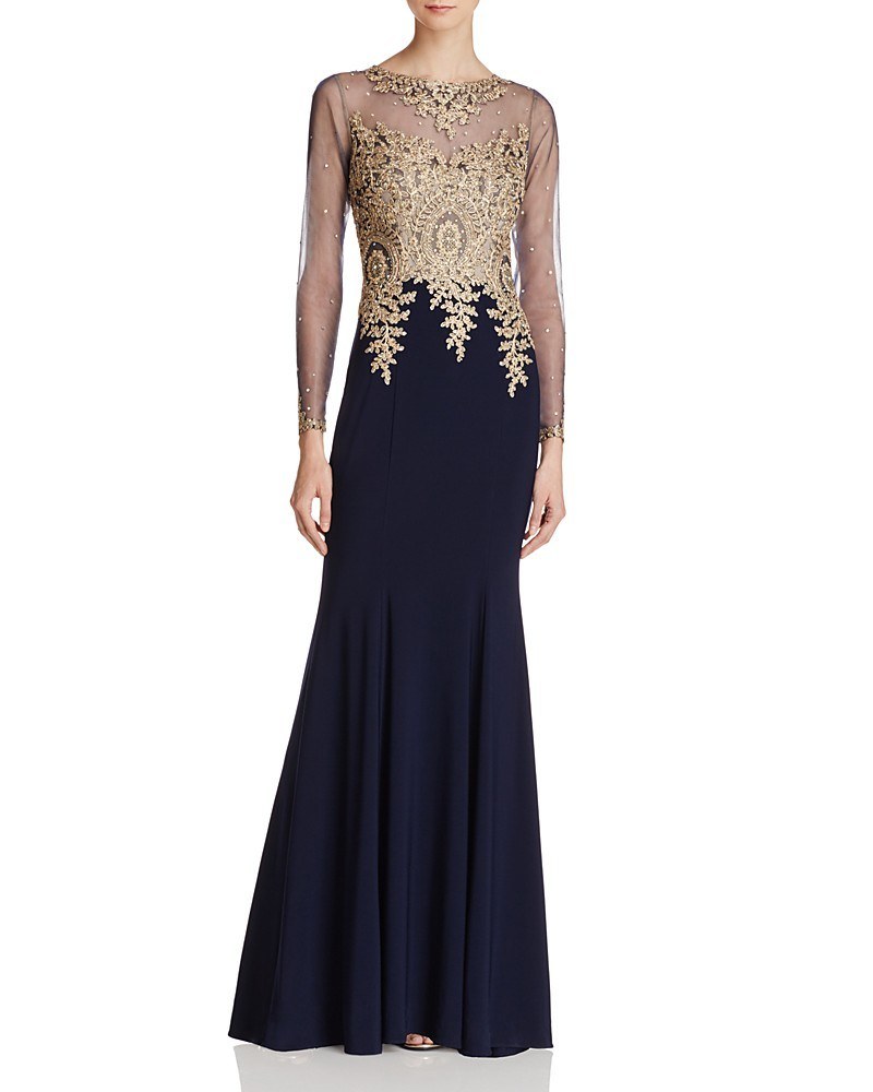 Embroidered Bodice Long Sleeves Evening Gown