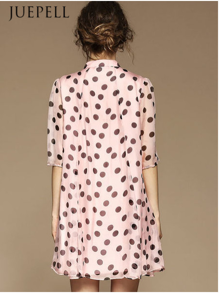 DOT Print Loose Casual Fashion 100% Silk Lady Dress